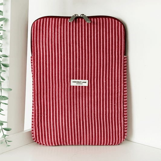 Mulberry Stripes TOWEL iPad sleeve by Coconut Lane, quilted fabric with striped pattern, on a white background.