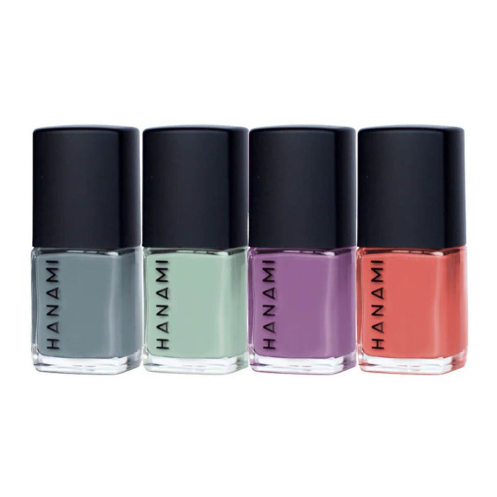 Four bottles of Hanami nail polish in different colors on a white background
