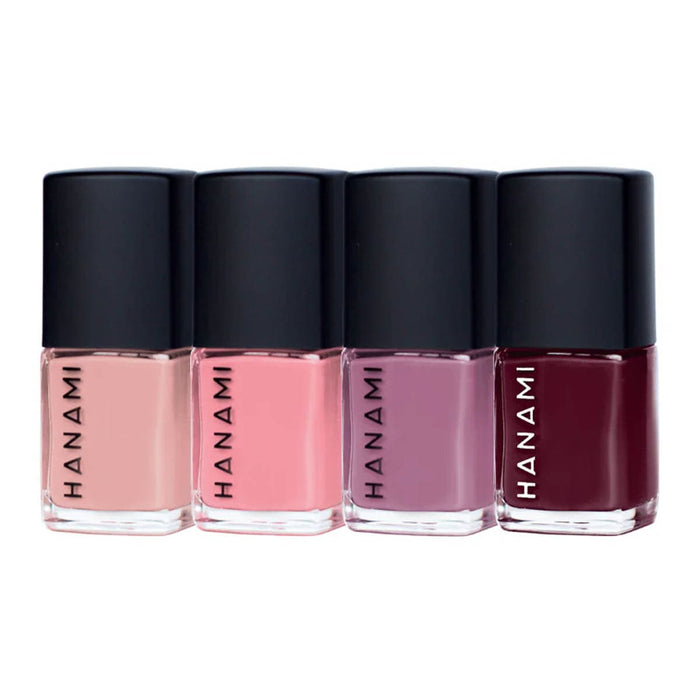 Four bottles of Hanami nail polish in different colors on a white background