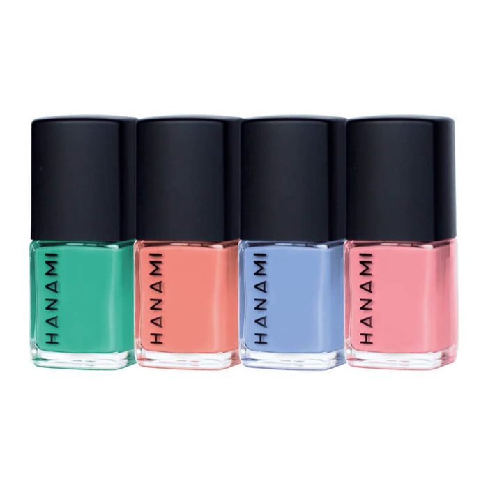 Four bottles of Hanami nail polish with different colors on a white background