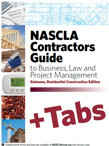 Cover of NASCLA Contractors Guide to Business, Law and Project Management for Alabama residential construction with tabbed sections visible