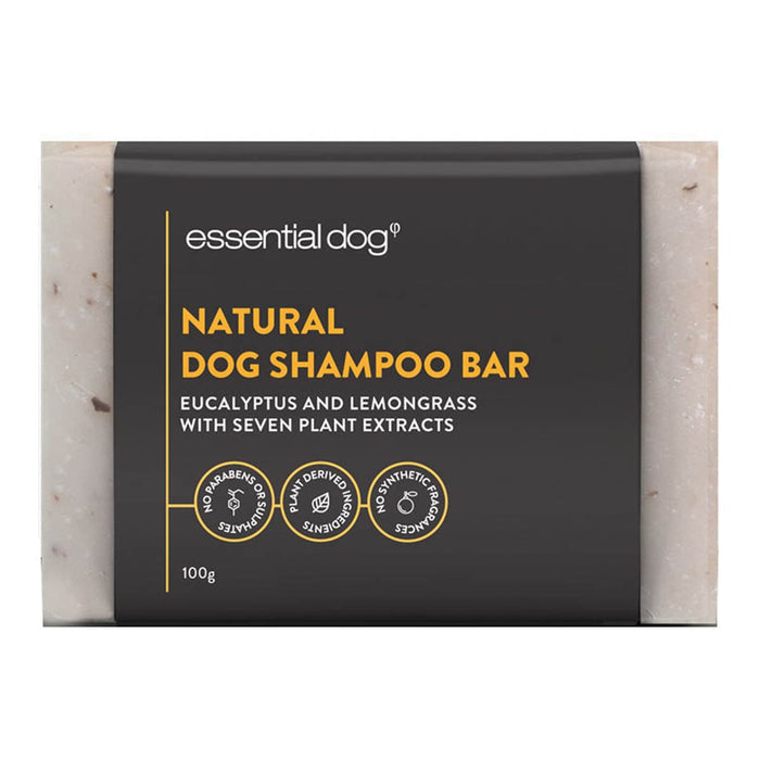 Dog shampoo bar with 'essential dog' branding on a white background.