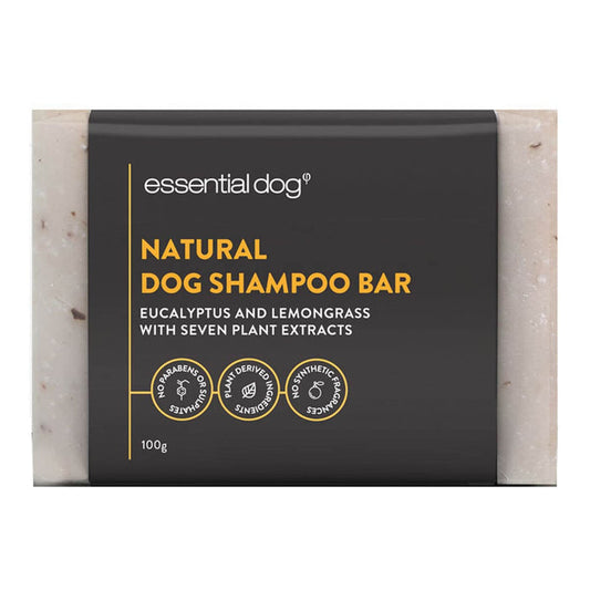 Dog shampoo bar with 'essential dog' branding on a white background.