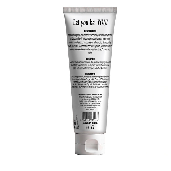 Natuur Magnesium Recovery Lotion tube back label with ingredients and usage instructions for muscle relaxation.