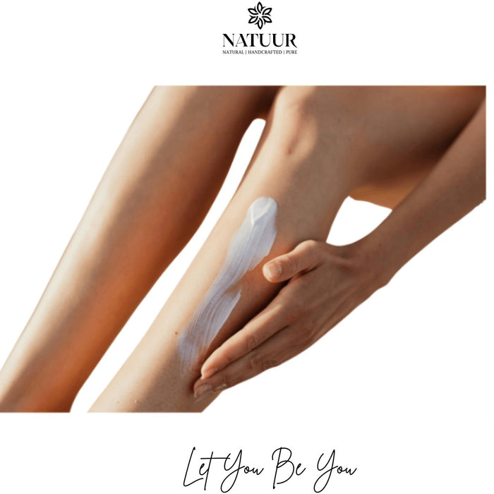 Natuur magnesium recovery lotion being applied to a woman's leg for muscle relaxation and skin nourishment