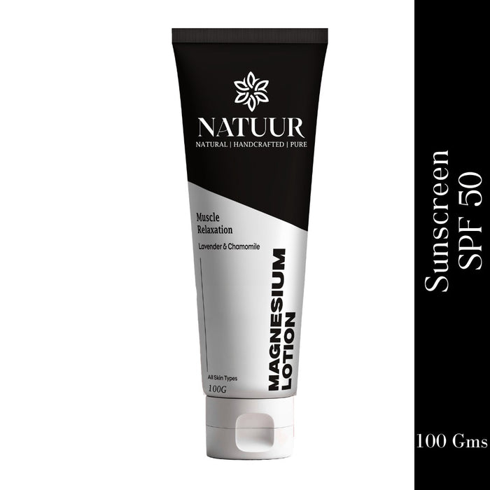 Natuur magnesium recovery lotion in a black and white squeeze tube for muscle relaxation with lavender and chamomile