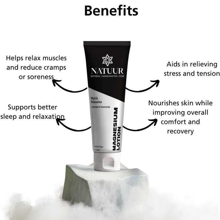 Natuur magnesium recovery lotion tube with lavender and chamomile for muscle relaxation and skin nourishment.