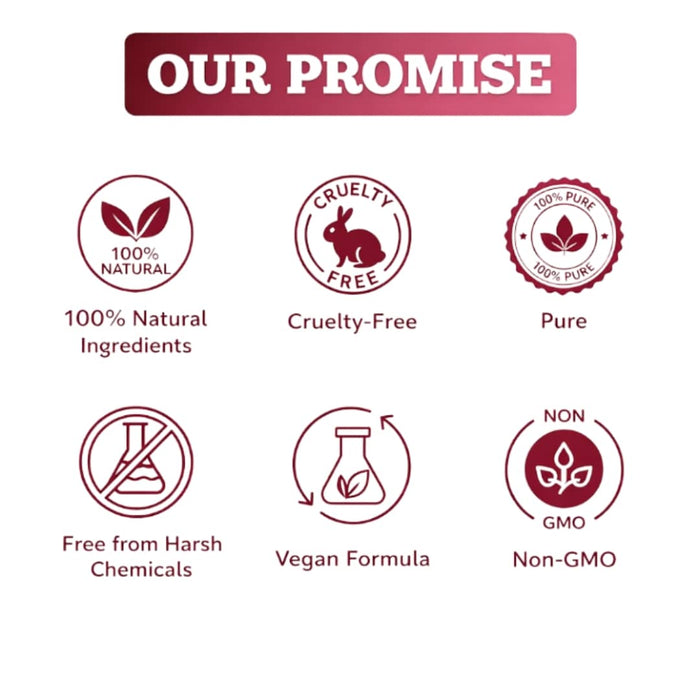 Natuur.in beauty bar promise icons showing 100% natural, cruelty-free, pure, chemical-free, vegan, and non-GMO labels.