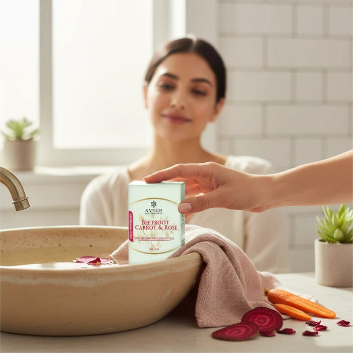 Natuur.in Beetroot Carrot and Rose skin brightening beauty bar held over a ceramic basin with fresh vegetables