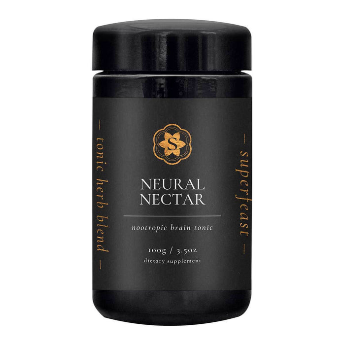 Black container of Neural Nectar tonic herb blend on a white background