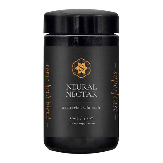 Black container of Neural Nectar tonic herb blend on a white background