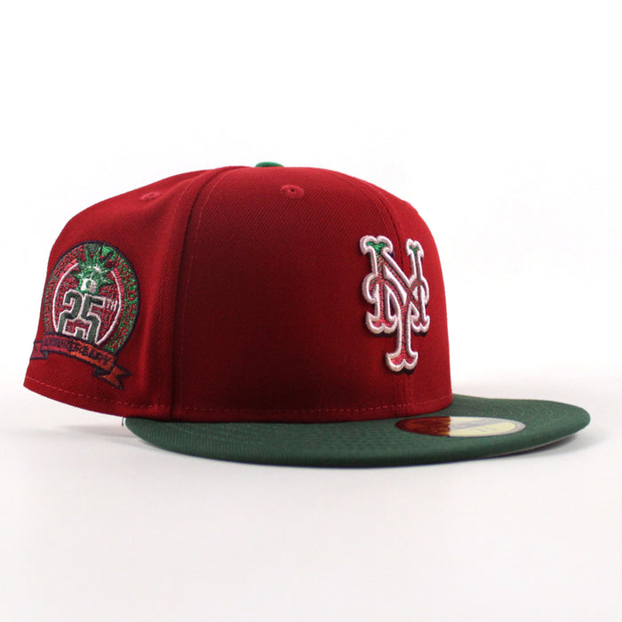 New York Mets 25th Anniversary New Era 59Fifty Fitted Hat (Scarlet Red Cilantro Green Gray Under Brim)