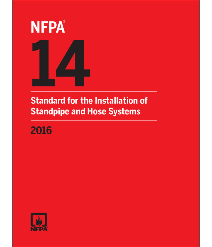 Red cover of NFPA 14 Standard for the Installation of Standpipe and Hose Systems, edition 2016 with white and black text