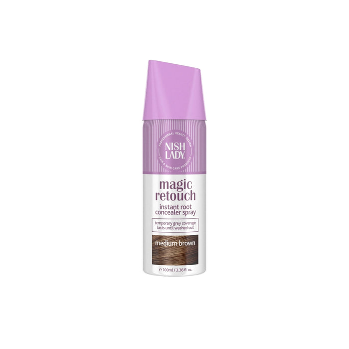 Nish Lady Magic Retouch instant root concealer spray for medium brown hair on a white background