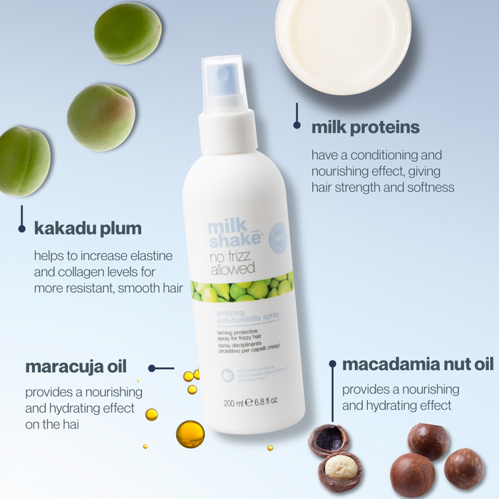 milk_shake no frizz allowed amazing anti-humidity spray with ingredients listed on a light blue background