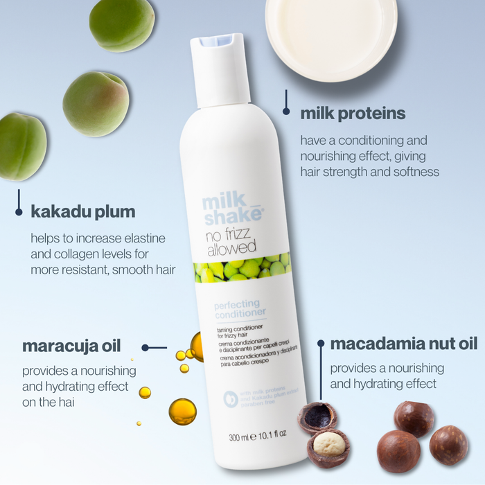 milk_shake no frizz allowed hair care product with ingredients listed on a light blue background