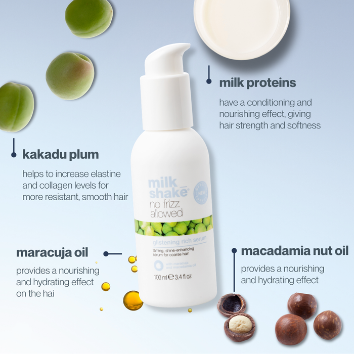 milk_shake no frizz allowed glistening rich serum with ingredients listed on a light blue background