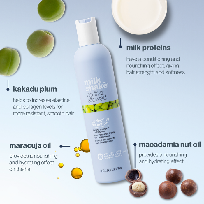 milk_shake no frizz allowed shampoo with ingredients and benefits on a light blue background