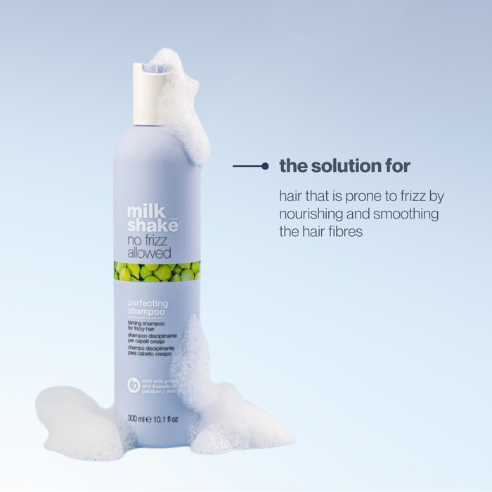 milk_shake no frizz allowed shampoo with text on a light blue background