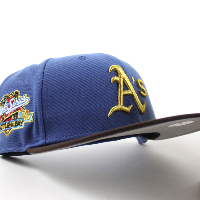 Oakland Athletics 1989 World Series New Era 59Fifty Fitted Hat (Indigo Blue BurntWood Brown Gray Under Brim)