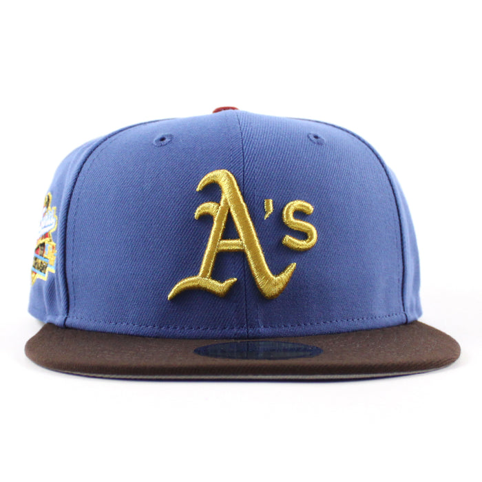 Oakland Athletics 1989 World Series New Era 59Fifty Fitted Hat (Indigo Blue BurntWood Brown Gray Under Brim)
