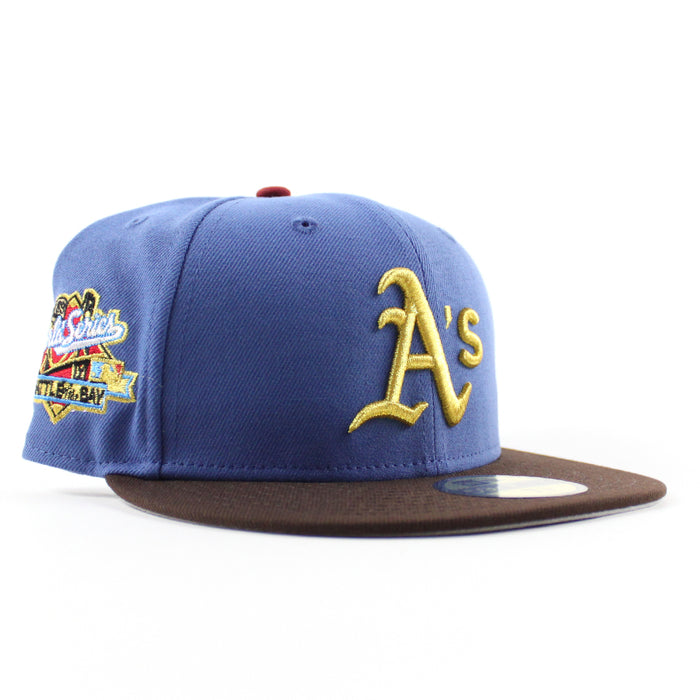 Oakland Athletics 1989 World Series New Era 59Fifty Fitted Hat (Indigo Blue BurntWood Brown Gray Under Brim)
