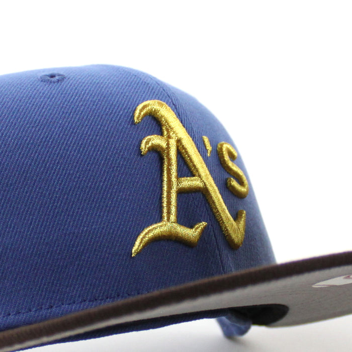 Oakland Athletics 1989 World Series New Era 59Fifty Fitted Hat (Indigo Blue BurntWood Brown Gray Under Brim)