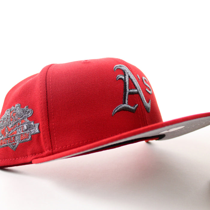 Oakland Athletics Battle Of The Bay 1989 World Series New Era 59Fifty Fitted Hat (Scarlet Red Gray Under Brim)