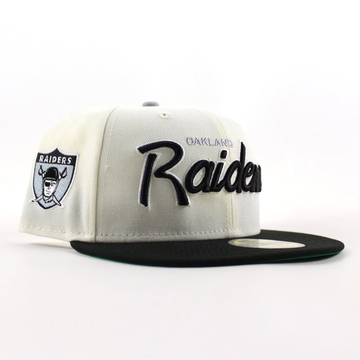 Oakland Raiders Pirate Patch New Era 59Fifty Fitted Hat (Chrome White Black Green Under Brim)