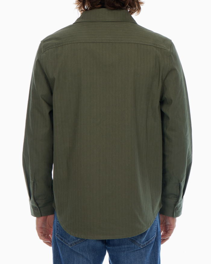 Versatile olive green woven herringbone corron workshirt by PX sold by Le Monkey House