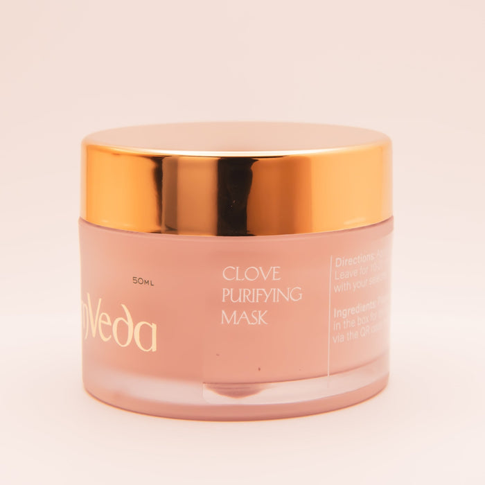 OmVeda Clove Purifying Mask jar, gold lid and pale pink label, 50 ml