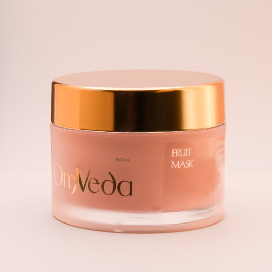 OmVeda Fruit Mask 50ml pink jar with gold cap and 'Fruit Mask' label