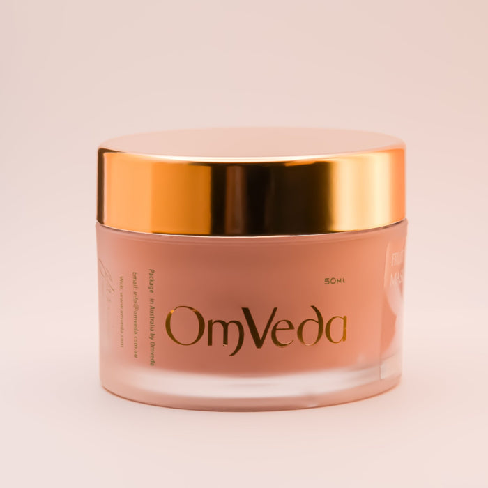 OmVeda Fruit Mask 50ml clear pink jar with OmVeda logo and gold lid