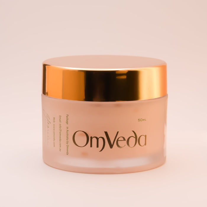OmVeda Golden Glow revitalising moisturiser jar, gold cap, 50 ml