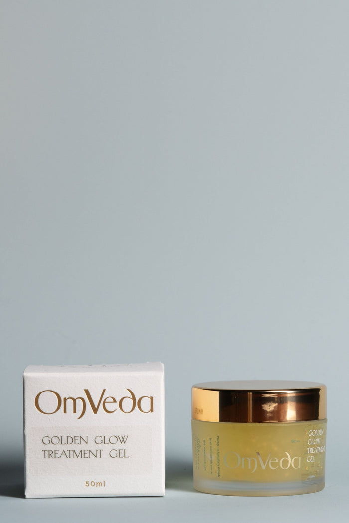 OmVeda Golden Glow treatment gel box and gold jar, 50ml