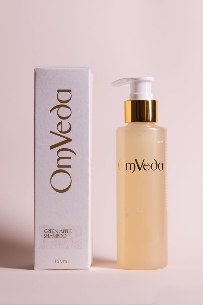 OmVeda Green Apple shampoo bottle with pump and matching boxed carton, 150 ml
