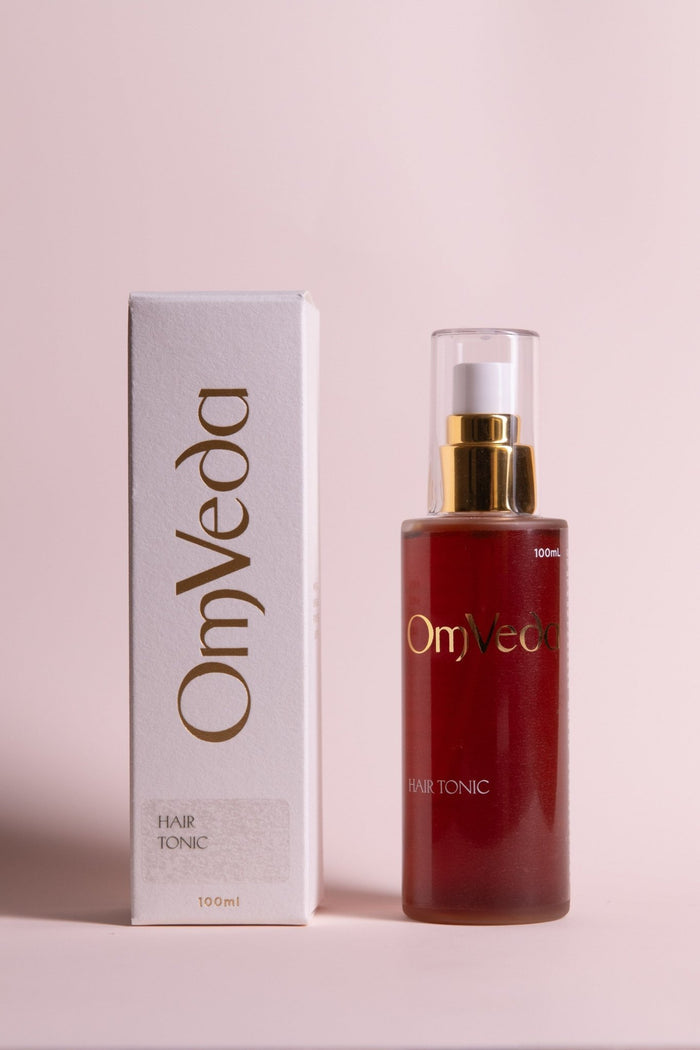 OmVeda Hair Tonic professional bottle with pump and gold cap, 100ml