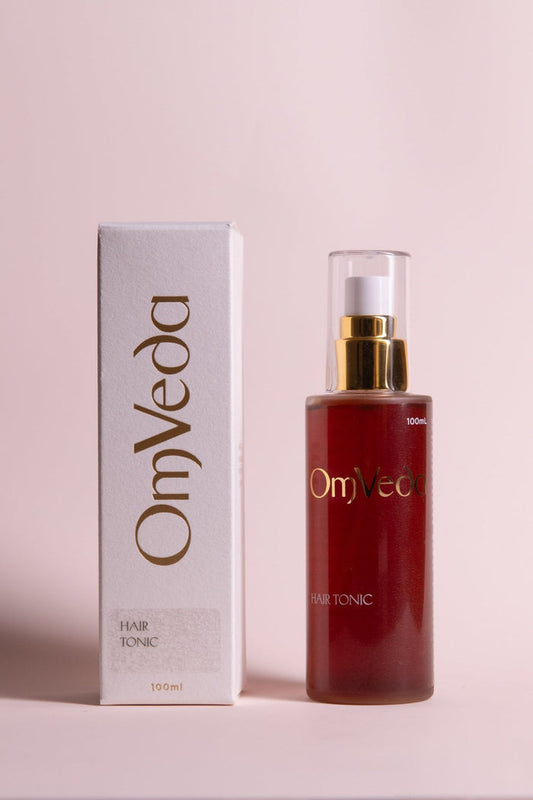 OmVeda Hair Tonic professional bottle with pump and gold cap, 100ml