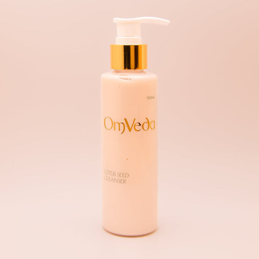 OmVeda lotus seed cleanser pump bottle, white bottle with gold pump, front view