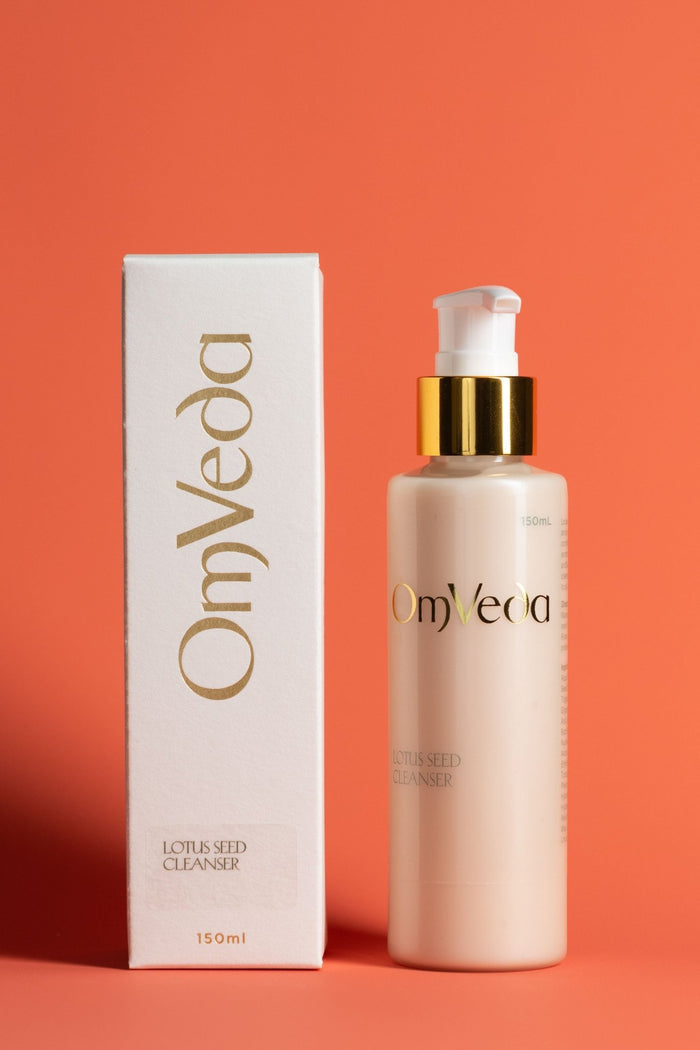OmVeda lotus seed cleanser with pump bottle and 150ml box