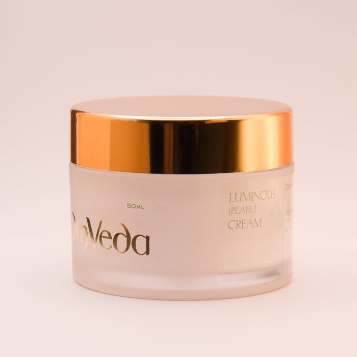 OmVeda luminous moisturiser jar, gold lid; Luminous Pearl Cream, 50 ml
