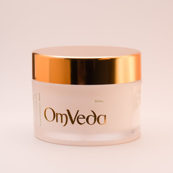 OmVeda luminous moisturiser jar front view with gold lid; 50 ml