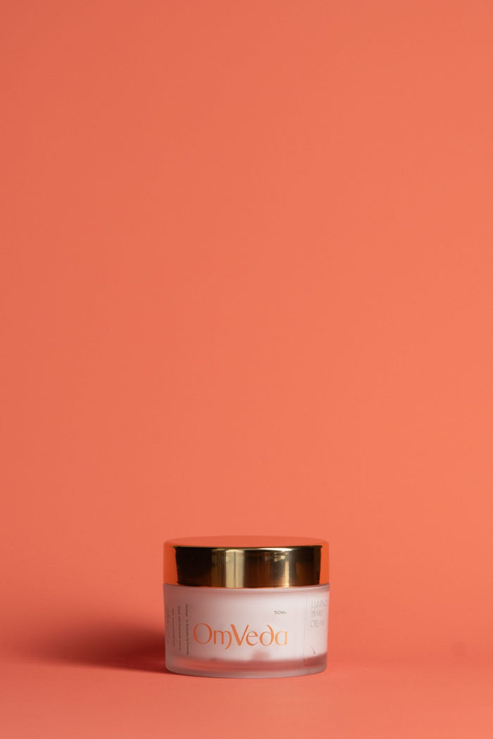OmVeda luminous pearl moisturiser in gold-lidded jar, 50ml