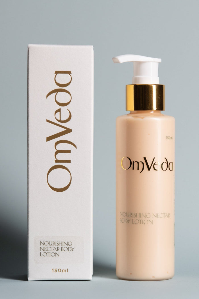 OmVeda Nourishing Nectar body lotion pump bottle with matching product box