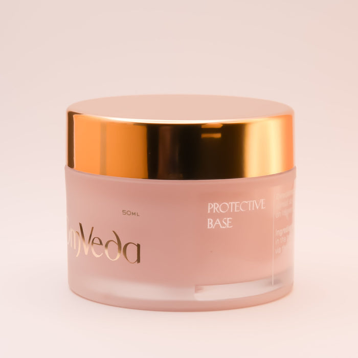 Protective base moisturizer jar with gold lid, 'PROTECTIVE BASE' on pink, 50 ml