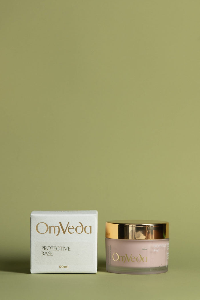 OmVeda protective base jar and box, 50 ml, gold lid and pink cream