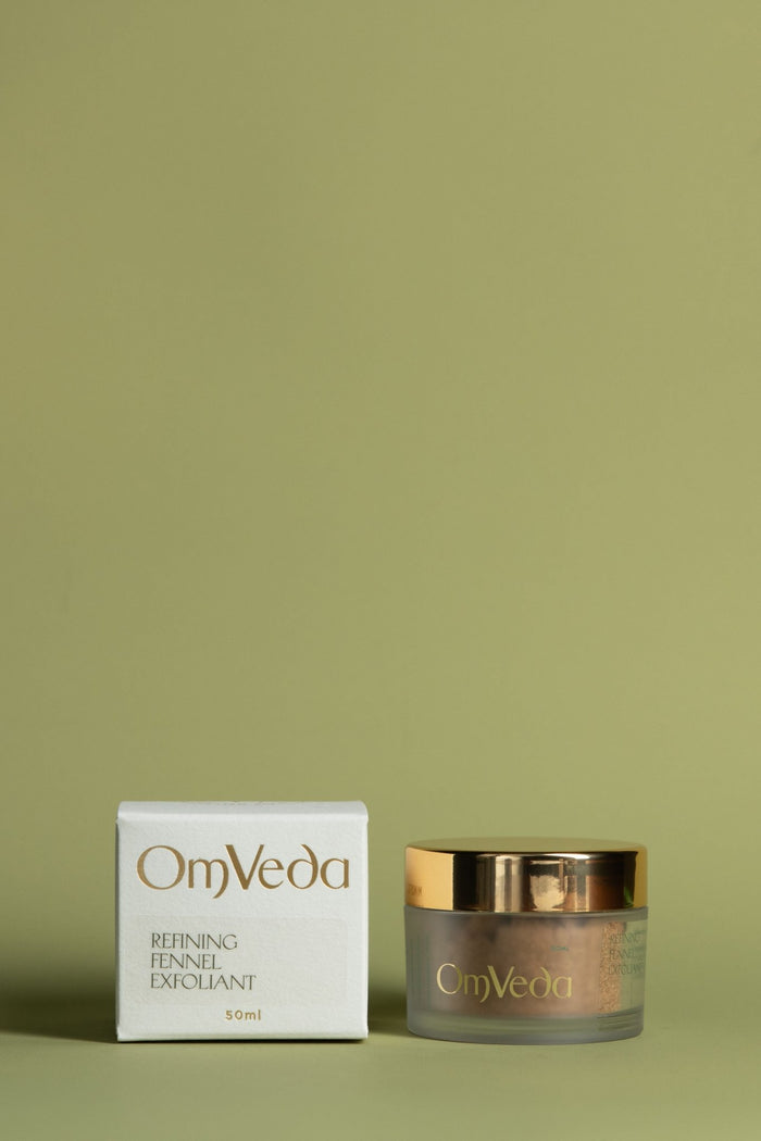 OmVeda refining fennel exfoliant set: white box and gold-top glass jar