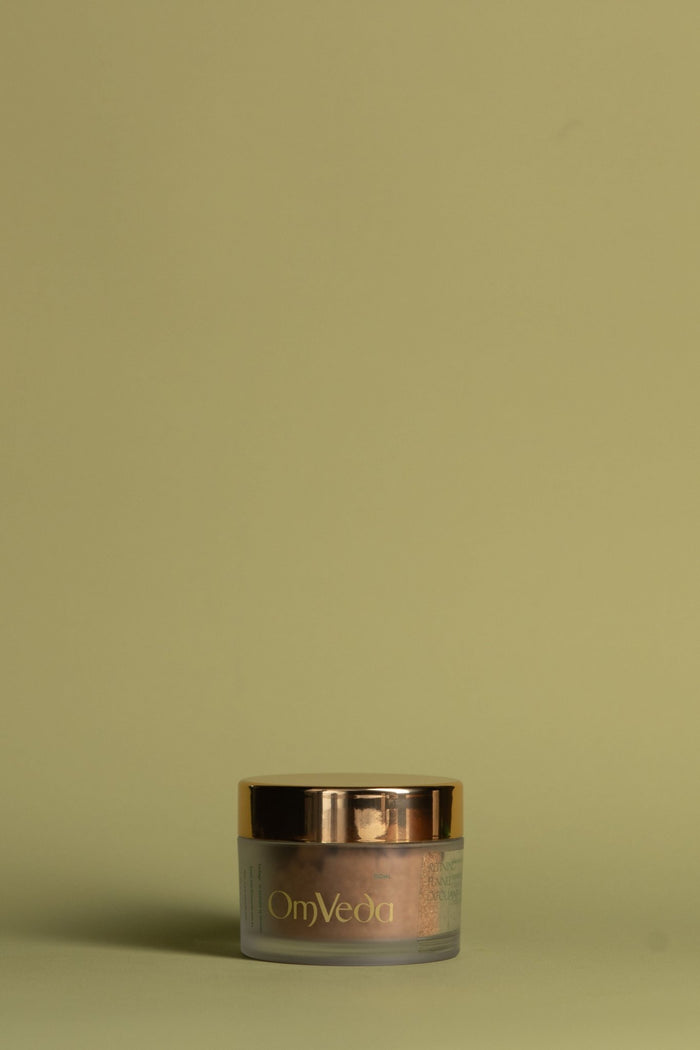 OmVeda refining fennel exfoliant glass jar with gold lid