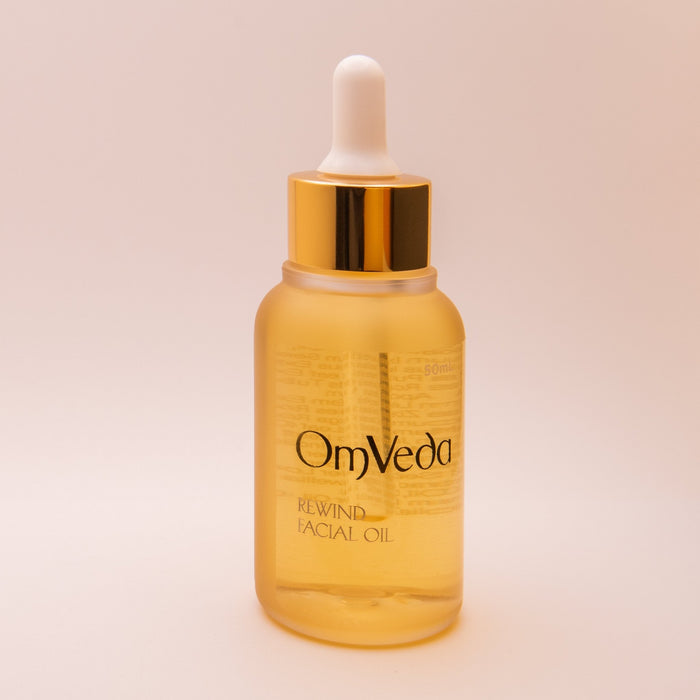 OmVeda Rewind facial oil glass bottle with dropper, 50ml
