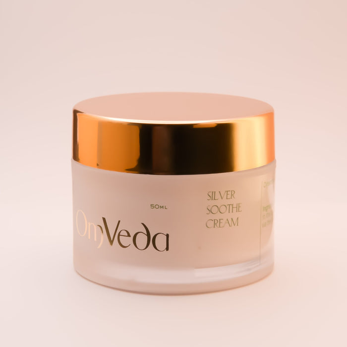 OmVeda Silver Soothe Cream jar, gold-lidded, front label view